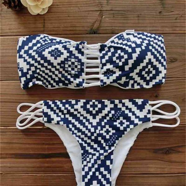 Frauen Bandeau Bikini Reversible Print Badeanzug Riemchen Bademode Biquini Trikini 1112 210629