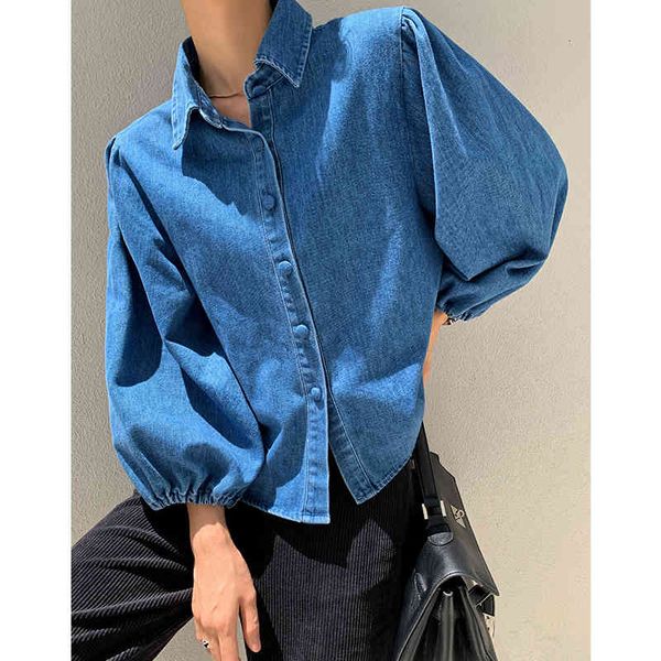

women's blouses & shirts zhisilao denim light blue puff sleeve blouse vintage stand collar mid-length shirt spring summer hqgc, White