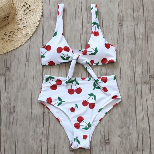 

cherry print bikini push up women swimwears front knot mujer biquini high waist set swimming suit, White;black
