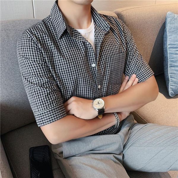 

fake two-piece plaid shirt men harajuku for young students business formal dress shirts streetwear social party clothes men's casual, White;black