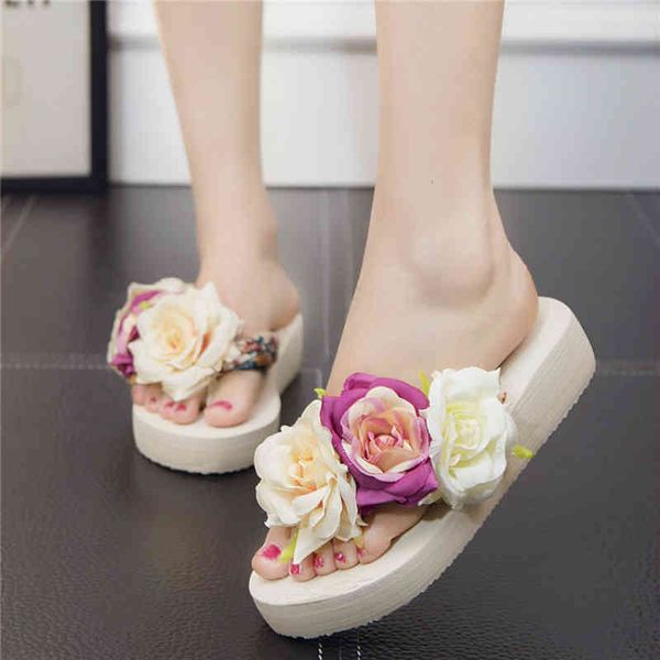 

women's summer bohemian flowers beach slippers handmade flip-flops female wedg angle flower indoor slid, Black