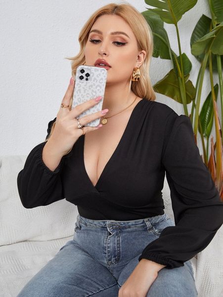 

plus plunging neck lantern sleeve bodysuit r8dr#, Black