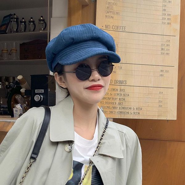 

spring and autumn ladies hat striped octagonal sboy men women casual beret painter navy berets, Blue;gray