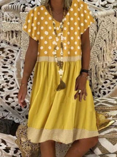 

casual dresses summer women's v-neck dot contrast drs, Black;gray