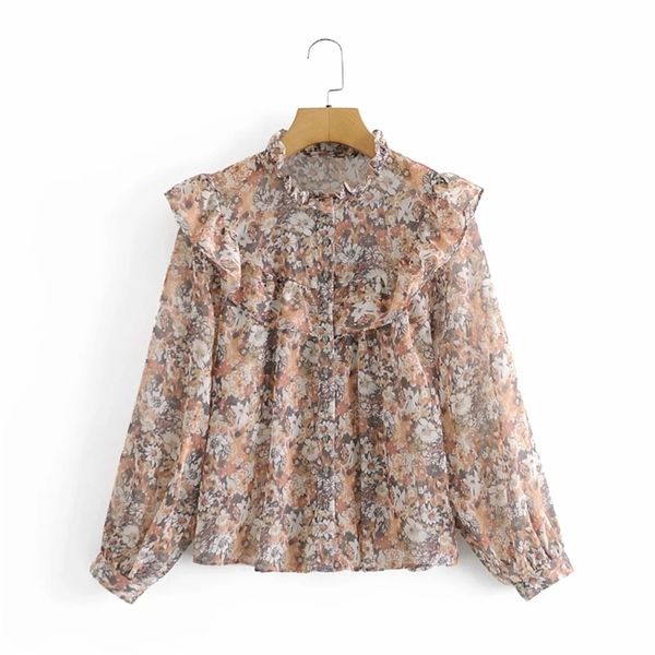 

women cascading ruffle floral printing chiffon shirts vintage female long sleeve blouses casual lady loose blusas s8295 210730, White
