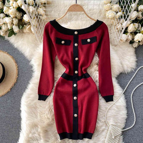 

two piece dress foamlina bodycon mini sweater women slash neck long sleeve patchwork buttons autumn casual knitted vestidos b, White