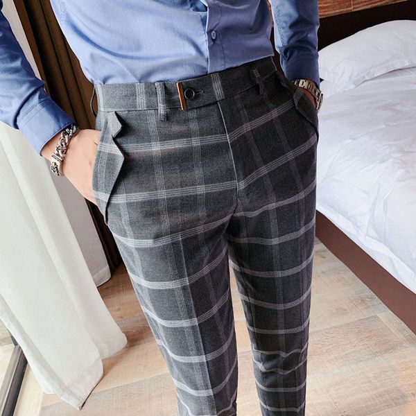 

men's pants british business casual plaid striped trousers men slim fit pantalones korean style fashion straight wb2s, Black