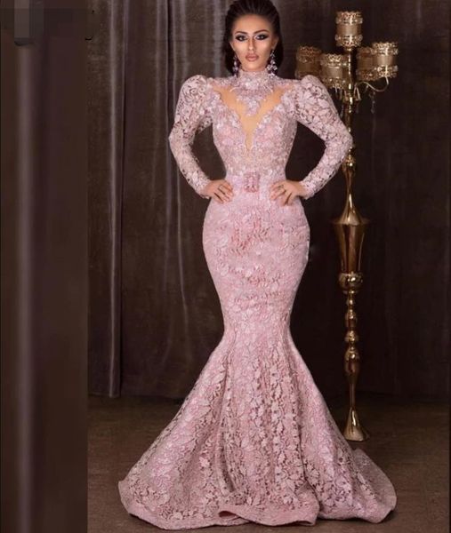 

sheer illusion high neck long sleeves mermaid prom dresses full lace evening gowns sweep train zipper back formal gowns vestidos de gala, Black;red