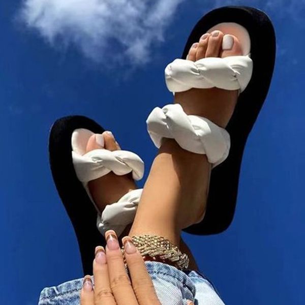 

summer womens ladies flat platform slippers casual round toe slip on shoes weave designer women slipper open toe flip flops, Black