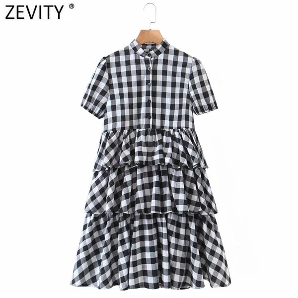 

women fashion stand collar plaid print cascading ruffle cake dress female chic puff sleeve casual vestido ds5050 210416, Black;gray