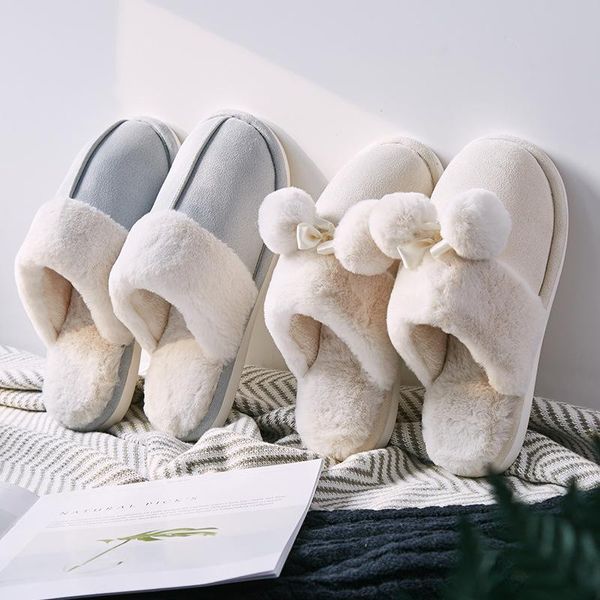 

slippers cotton women winter 2021 thick-soled cute indoor warm home fur men non-slip confinement shoes, Black