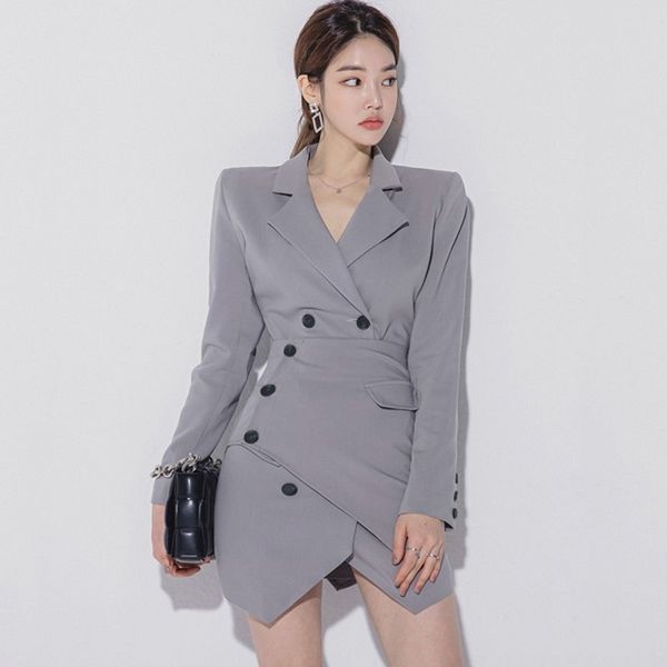 

autumn runway 2 pieces set women solid color full sleeve notched long blazer coat + hight waist irregular skirt female fashion 210514, White