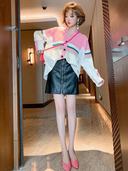 

women's tracksuits knitted stitching striped shirt loose v-neck single-breasted cardigan jacket 2021 autumn style, Gray