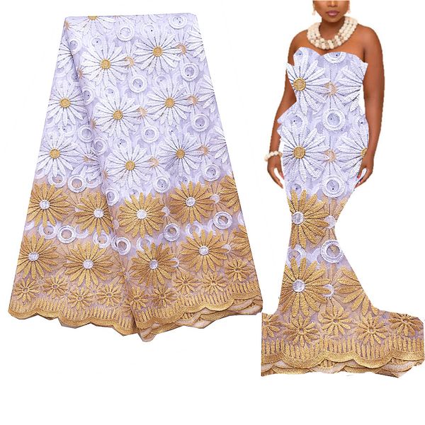 Weißer Spitzenstoff, 5 Yards, bestickte Schweizer Netzmaterialien, goldene französische Spitzenstoffe, Luxus für afrikanische Hochzeitskleider 2022