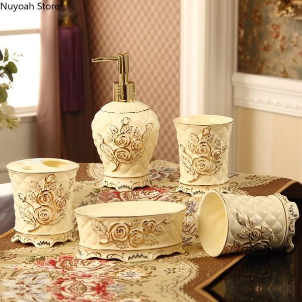 

european style bathroom supplies ceramic pattern toothbrush holder/mouthwash cup/lotion bottle/light luxury decoration bath accessory set