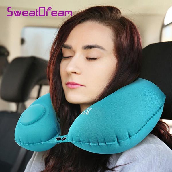 

automatic air inflatable u-shape travel pillow neck airplane car pillows ring folding press type bed cushion
