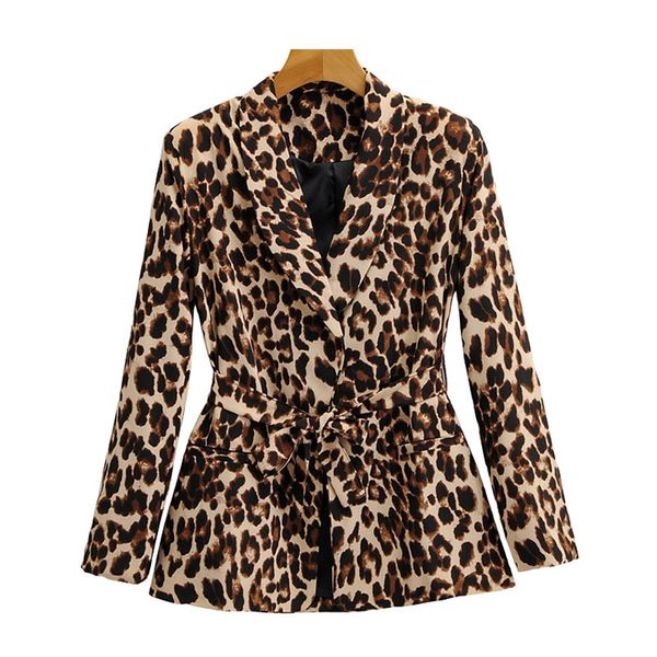 

women fashion with belt leopard print blazer coat vintage long sleeve animal pattern female outerwear chic 210521, White;black