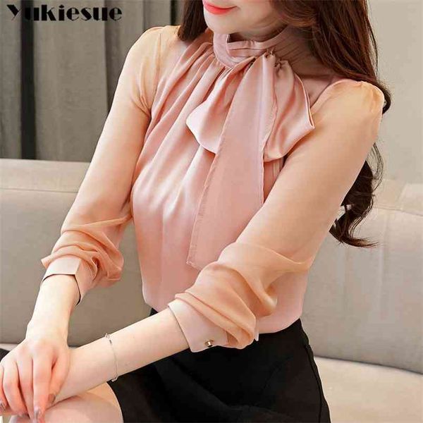 

autmun long sleeve shirt women fashion s and blouses solid bow stand collar office blusas plus size 210730, White
