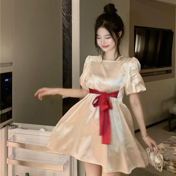 

casual dresses sannian retro puff sleeve silk noodle dress women's clothing summer 2021 waist short ladies clothes, Black;gray