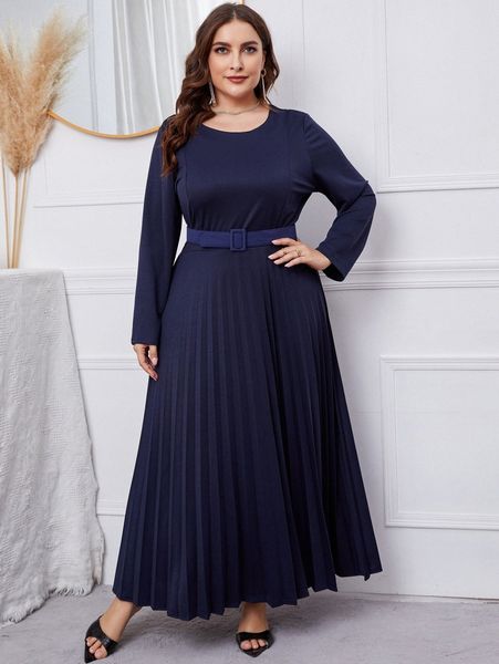 

plus pleated hem belted dress a0sb#, Black