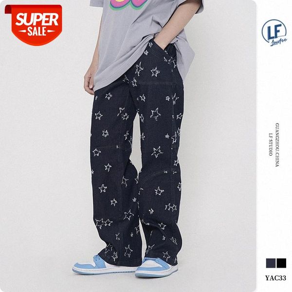

lawfoo chinese men's wear starry sky embroidery denim trousers casual pants #ij5w, Black