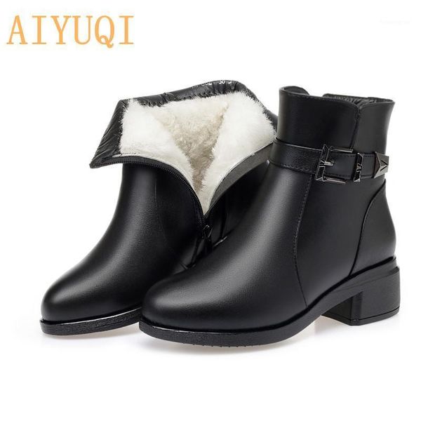 

boots aiyuqi women shoes 2021 winter ankle genuine leather wool wram snow large size 41 42 431, Black