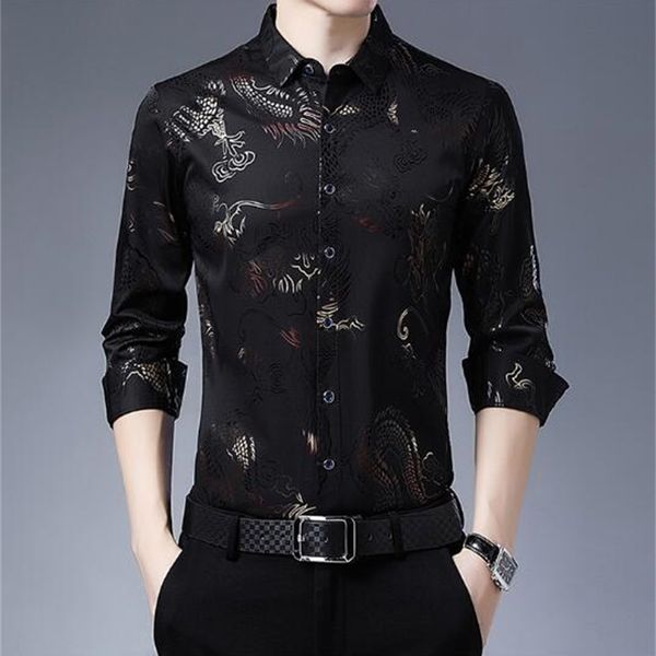 

men's new casual thin shirt father's dragon print long sleeve cardigan loose lapel, White;black