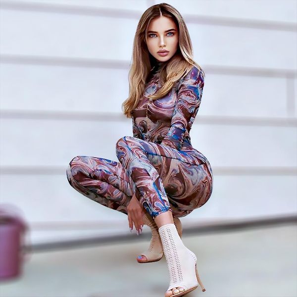 

[shesrim] marble print turtle neck womens tracksuits mesh bodysuit ankle length slits trousers sheer printing legging 2 piece trend setting, Gray