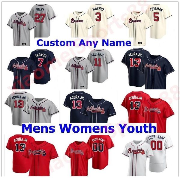 

2021 atlanta men women kids youth baseball jerseys ronald acuna jr freddie an dansby swanson deion sanders chipper jones ozzie albies braves, Blue;black