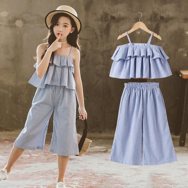 

teenage girls clothing sets kids summer clothes for backless ruffle cotton +wide leg pants 2piece outfits 8 10 12 year, White