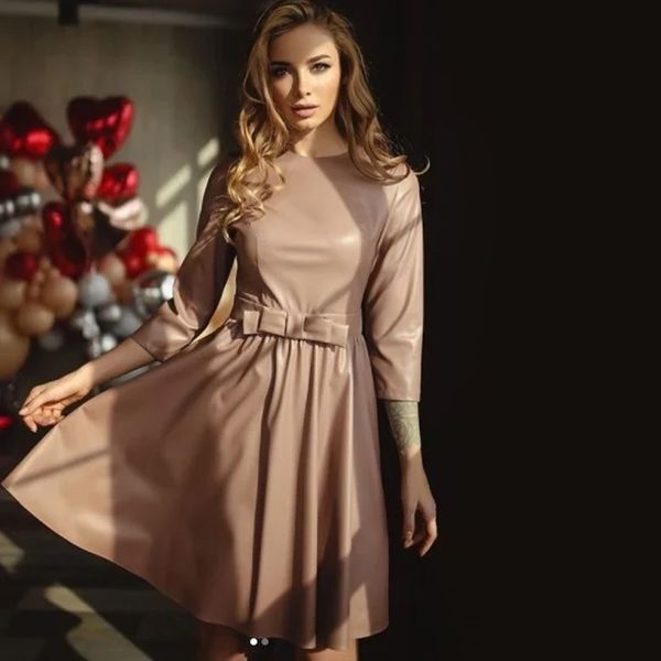 

women casual front bow pu a-line dress three quarter sleeve o neck solid elegant casual prom dress spring fashion dress 210412, Black;gray