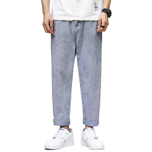 

men's jeans wide leg men spring summer 2021 light blue straight cut loose fit baggy ankle-length pants mens denim clothes