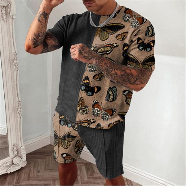 

men's tracksuits suit butterfly trend printing matching o-neck short sleeve shorts two-piece outfit fashion men set mens clothing, Gray