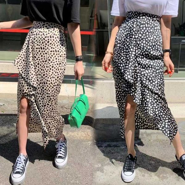 Front Split Ruffled Vita alta Borsa Hip Leopard Print Gonne Donna Chiffon Mid Slim Moda vintage Faldas Mujer Moda Chic Wild 210610