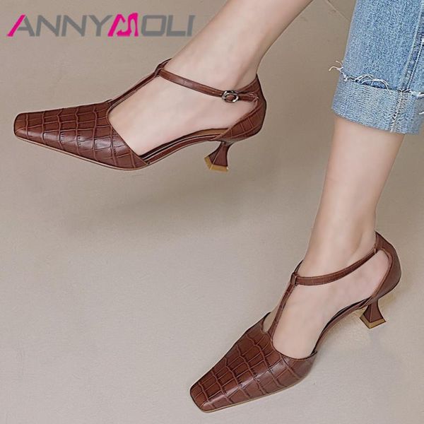 

dress shoes annymoli natural genuine leather high heels two piece t-tied strange style heel pumps square toe female footwear 40, Black