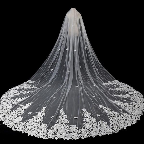 

bridal veils 2021 real pos applique 5m long finale soft tulle lace edge cathedral shining wedding veil, Black