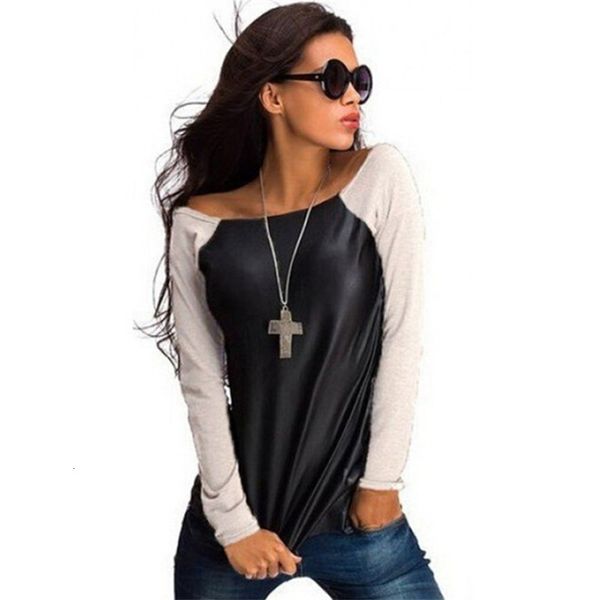 

women's fashion shirt autumn women black long sleeve leather t-shirt casual loose boat neck tee winter shirts blusas, White