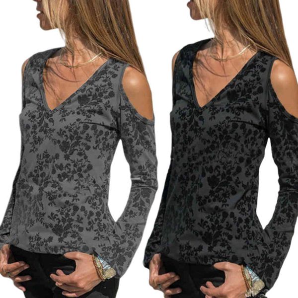 

polo cold shoulder shirt. fingerprint print jakard v neck t-shirts for woman. tight plunge neckline. hypster sleeve long t-shirt., White