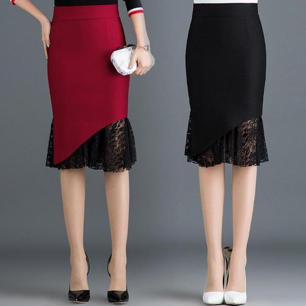 

skirts women skirt high waist lace patchwork pencil for autumn winter knee-length office ladies bodycon, Black