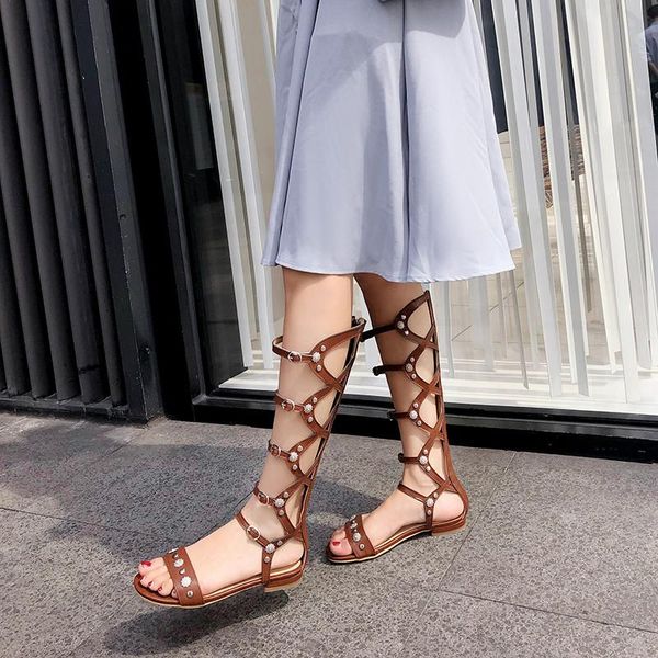 

summer 2021 flat heel ladies studded sandals black brown rivet buckle narrow band 30cm high gladiator sandal women shoes