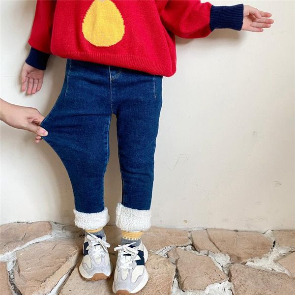 

jeans korean style winter baby girls inner fleece warm 2-7 years girl elastic all-match thick denim pants, Blue