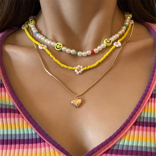

european heart flower pendant necklaces imitation pearl smile mixed beaded chain women multi layer gold retro necklace jewelry accessories w, Silver