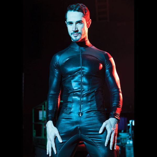 

catsuit costumes black patent leather catsuit front zipper open croth bodysuits erotic nightclub mens bodysuit mesh stitching leather