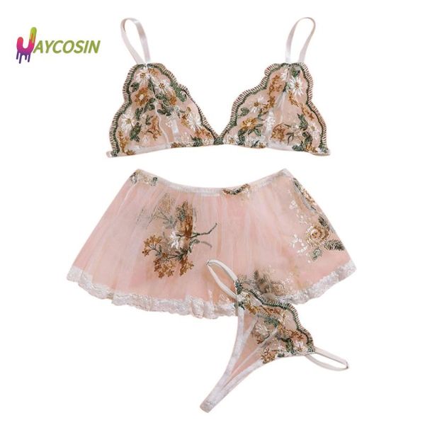 

women's sleepwear exquisite underwear lingerie delicate embroidery floral lace perspective set fashion, Black;red