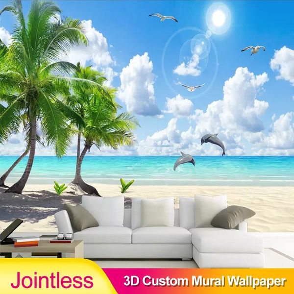 

wallpapers jointless custom 3d mural wallpaper bedroom tv background fresco hd coconut tree beach dolphin landscape po wall paper roll