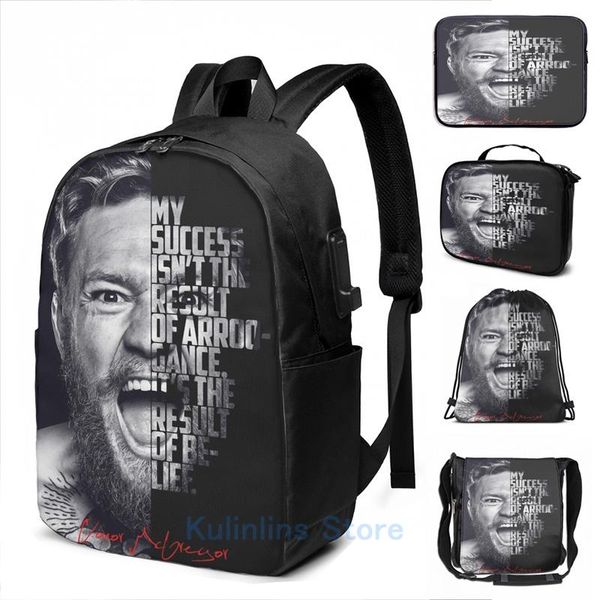 

backpack graphic print black and white conor mcgregor motivational poster usb charge men school bags women bag travel laptop