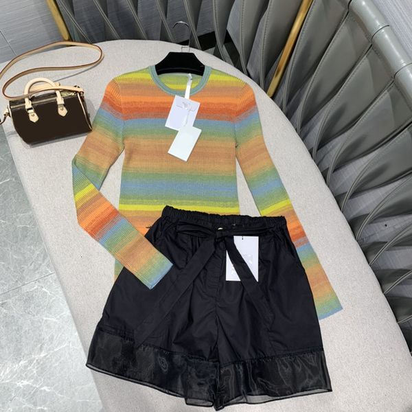 

sweaters high-end brand women 70% wool 30% silk knit shirt autumn casual long sleeve o-neck elastic rainbow stripe sweaters top, White;black