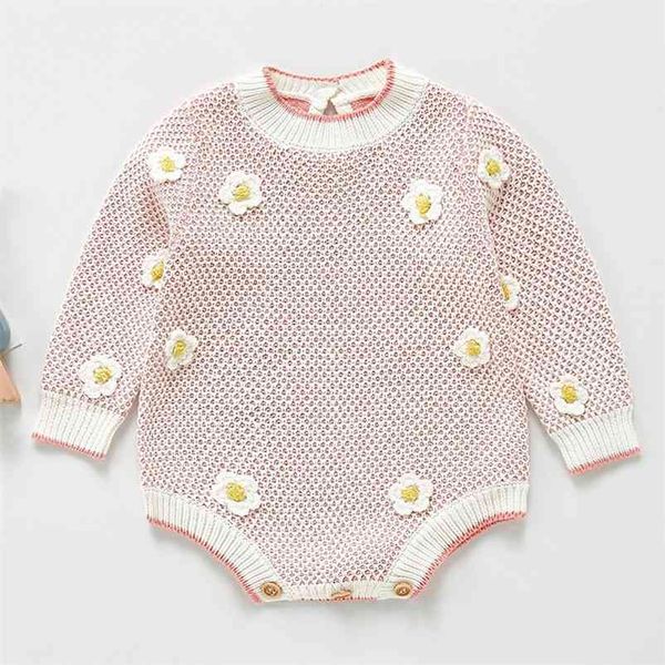 

spring baby girl rompers long sleeves knit flower autumn born clothes 210521, Blue