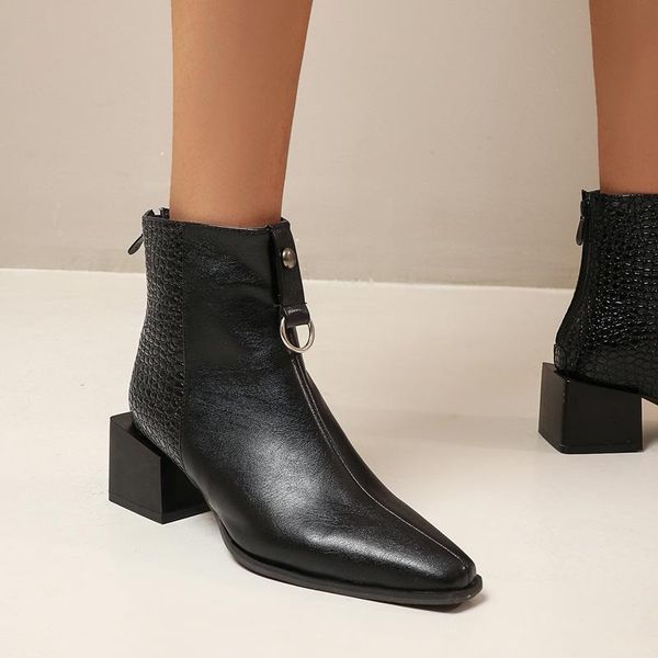 

boots 2021 fashion women ankle square heels pu leather black beige white casual shoes woman autumn winter riding 34-43