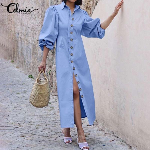 

celmia women's maxi long dress 2021 fashion puff sleeve shirt elegant office lapel robe autumn buttons belted vestidos 5xl casual dress, Black;gray
